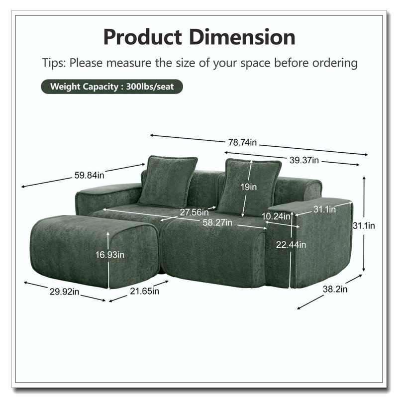2 Seat L Shape Sectional Boneless Sofa with French Edge Piping, No Assembly Required, 2-Seat Sofa Couch with Throw Pillows and 1 Movable Ottoman