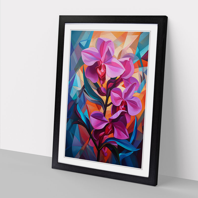 Orchid Flower Cubism - Single Picture Frame Print on Wood, 34cm H x 25cm W x 2cm D, Black Framed