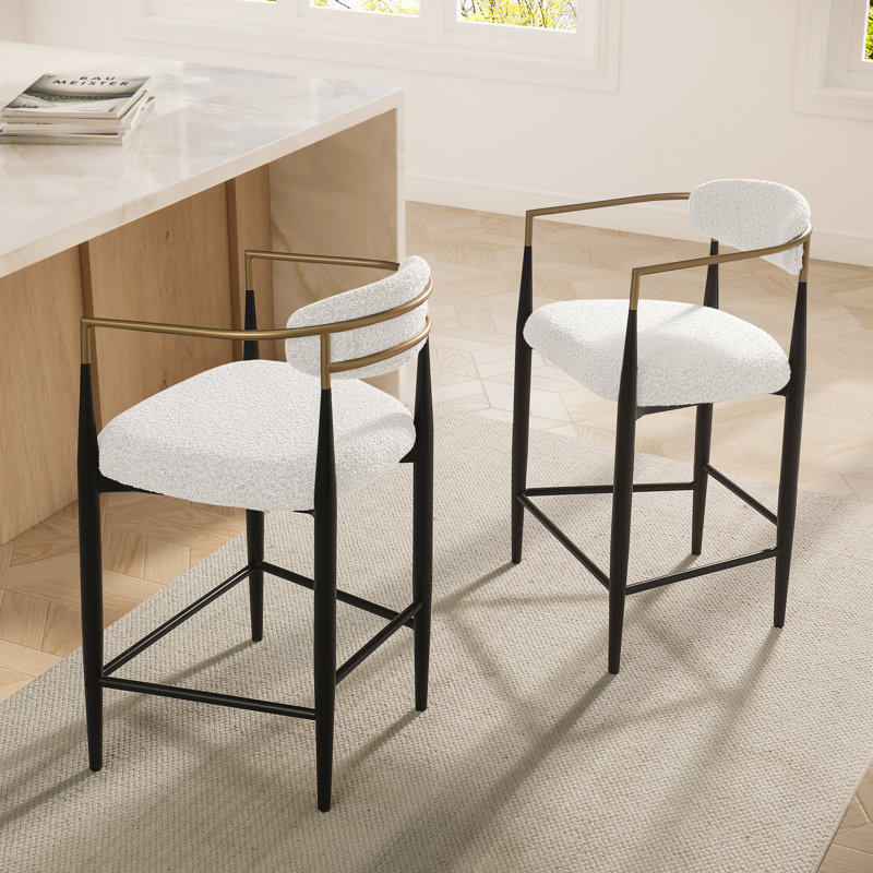 Upholstered Counter Stool, Modern Sleek Bar Stool Set of 2, White Boucle