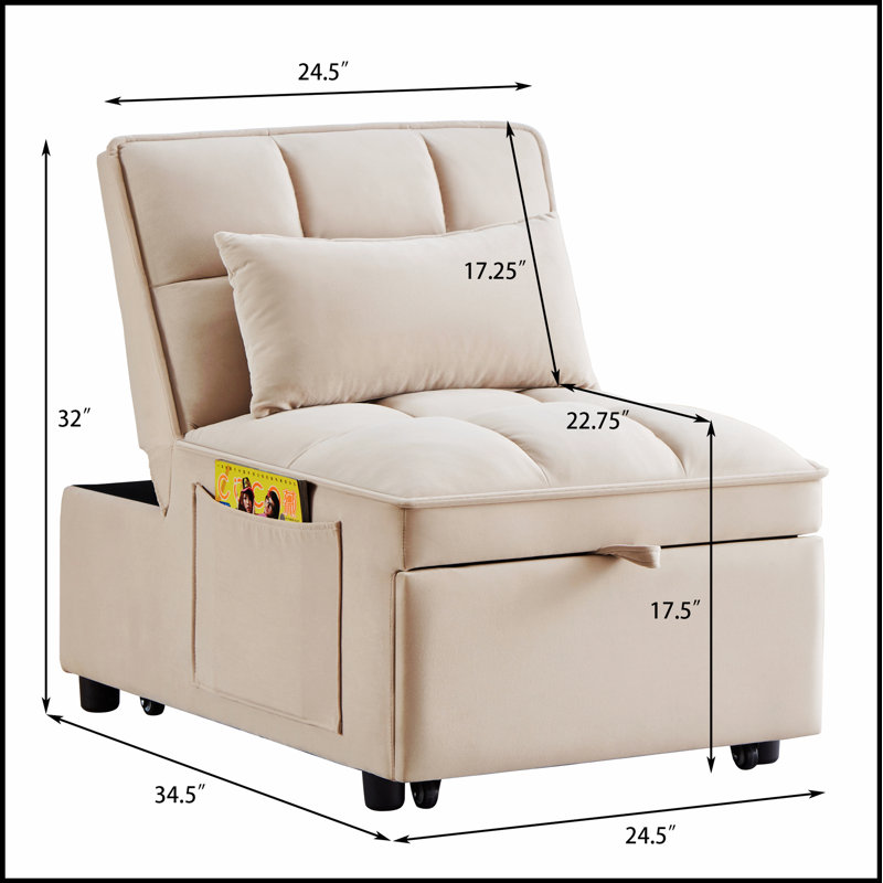 Tufted Single Pull-Out Sofa Bed with Adjustable Backrest and Pillows, Convertible Chaise Lounge for Versatile Use, Taupe
