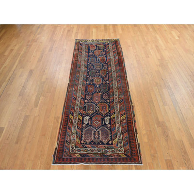 Tapis bleu marine 3 pi 10 po x 9 pi 10 po, bleu persan antique, village kurde, usure uniforme, velours doux, souple et doux, motif cachemire, 100% laine, large tapis de couloir oriental noué à la main