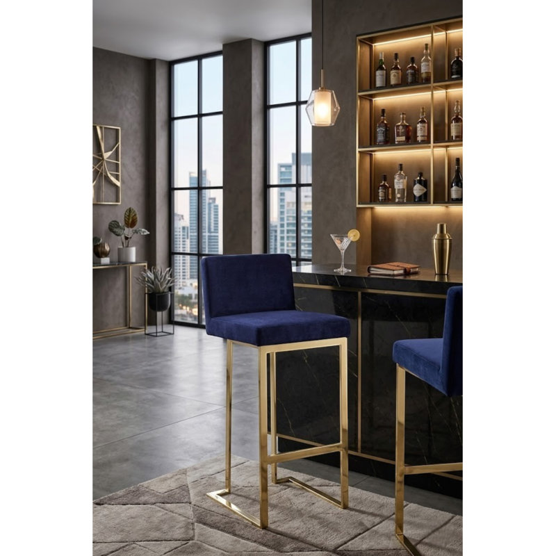     Pangea Home Dexter Velvet Bar Stool – Modern Upholstered Bar Chair - 30" Seat Height - Indoor Stool with Footrest - Bar, Dining, Kitchen - Navy Velvet with Gold Legs