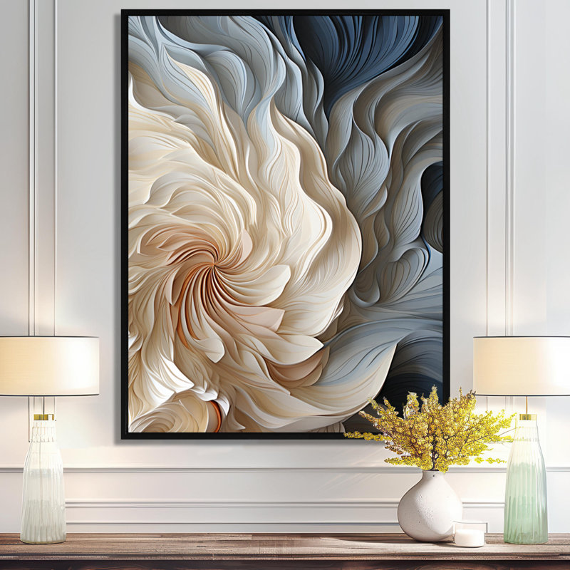 White And Blue Feather Spiral II - Geometric Wall Art, Floater Framed Print, 40" H x 30" W, Black