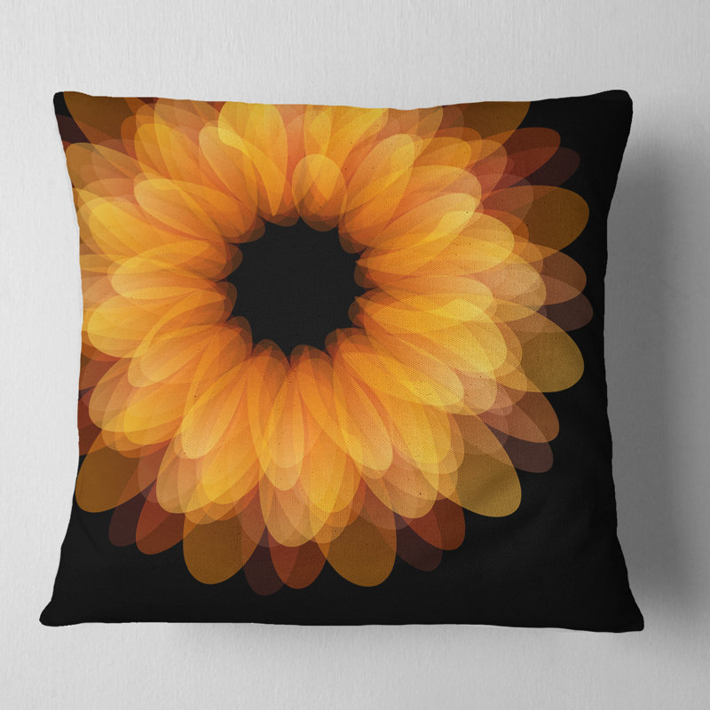 Pétales de fleurs fractales sur fond noir - imprimé floral, 16 po x 1 po, Coussin décoratif
