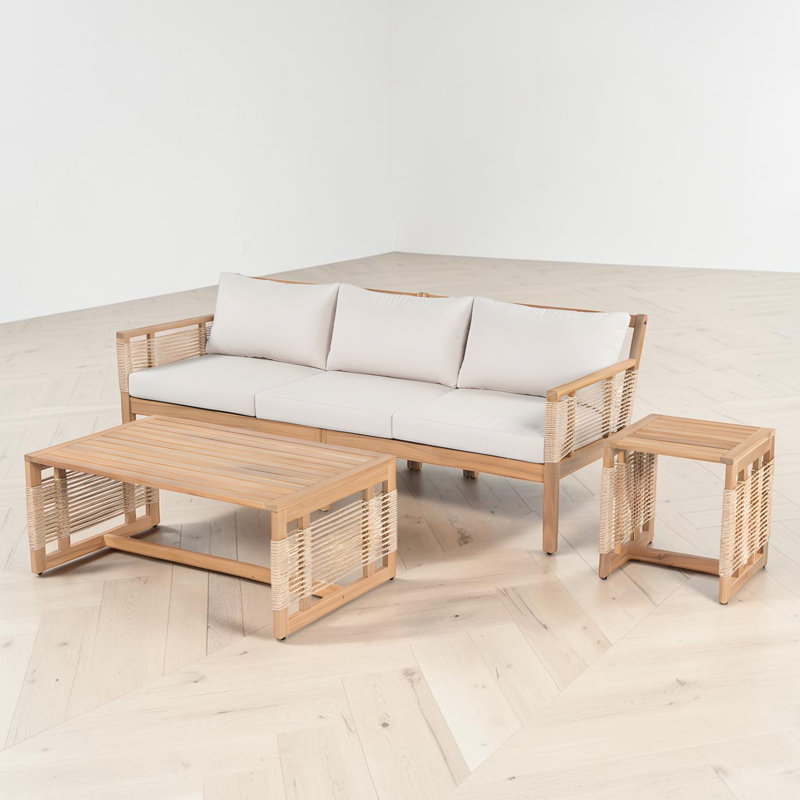 Ensemble de conversation en teck 3 pièces avec coussins, ensemble de conversation pour patio, bois d'acacia, détails tissés en corde, bord de mer moderne