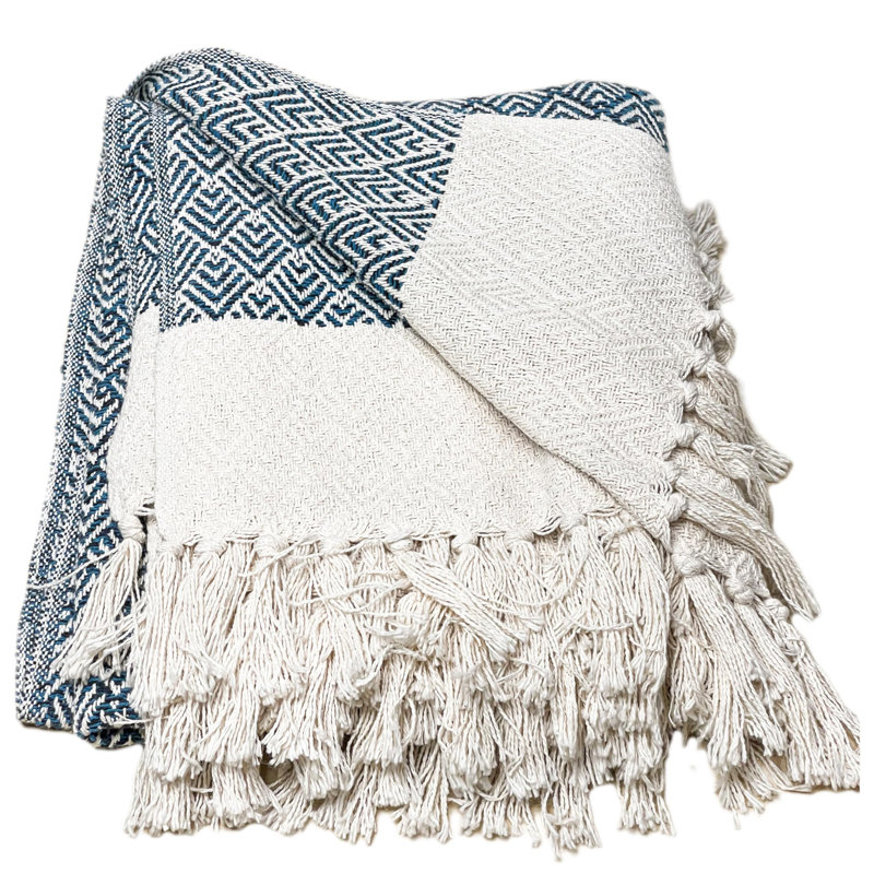 Ivory and Teal Blue Cotton Peacock Throw Blanket with Fringe