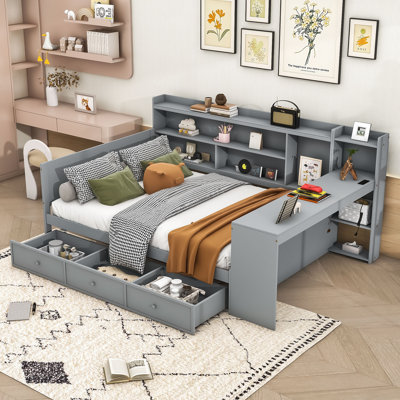 Multifunctional Wooden Daybed with Integrated Desk, Charging Ports and Storage Drawers