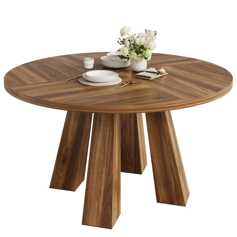 Round Dining Table for 4, Farmhouse Kitchen Table with Sturdy Pedestal for Dining Room, Kitchen, or Living Room, Brown
