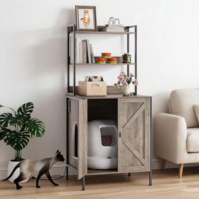 70" Farmhouse Cat Litter Box Furniture, Fits Smart Boxes Up to 26x28x31", w/ Shelves & Pet Door, Gray