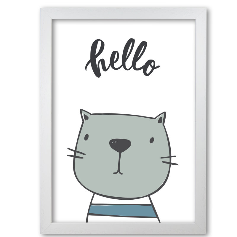 Hello Cat - Painting, 30 cm H x 21 cm W x 5 cm D, White Grain Frame