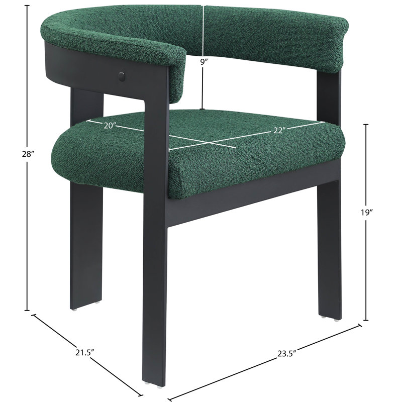 Chaise avec accoudoirs sans dossier rembourrée Romeo, Tissu bouclé vert, Thermolaquage noir mat