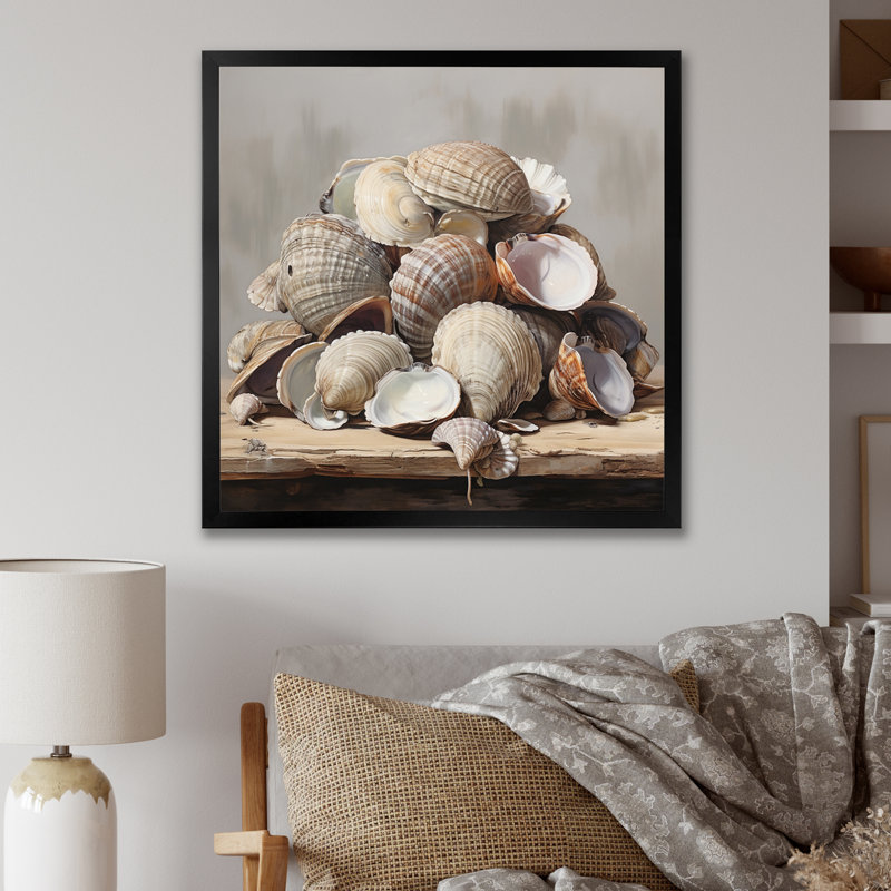 Grey Clam Coastal Harmony I - Animals Wall Art Living Room, H 36 po x l 36 po x P 1,5 po, Cadre photo noir