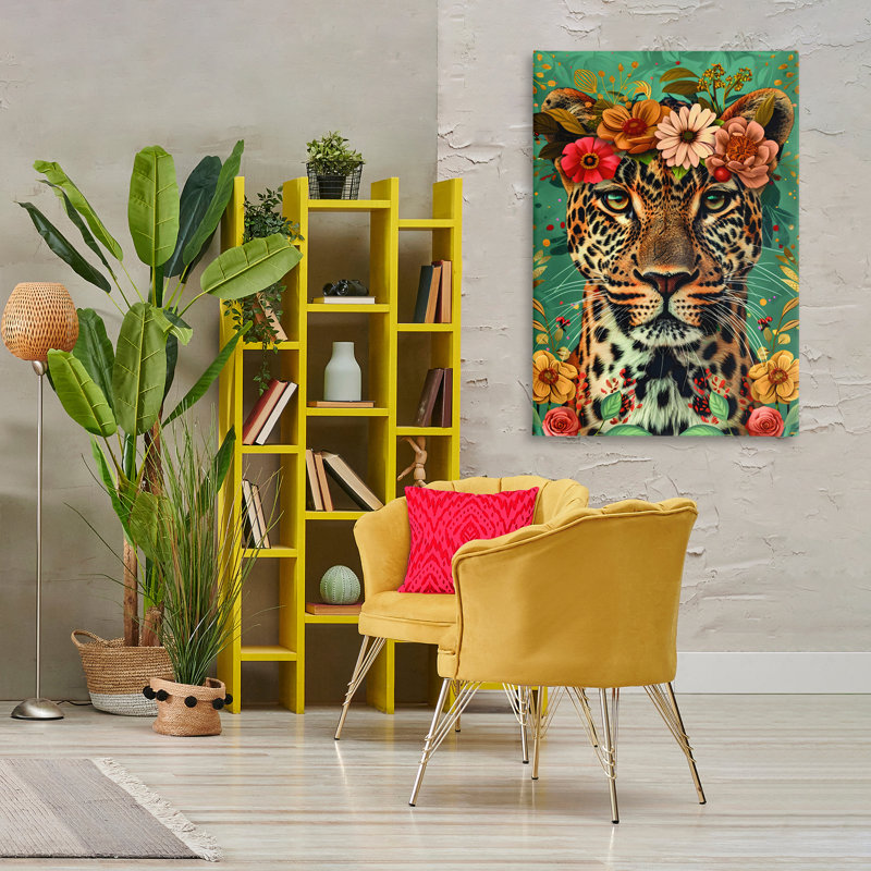 Art floral sur toile guépard couronné floral, design par LSR Design Studio, H 45 po x l 30 po