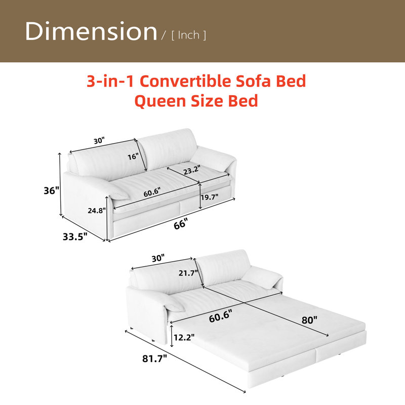 66" Queen Pull Out Sofa Bed, 3-In-1 Convertible Sleeper Sofa With Side Storage,Multi-Functional Velvet Loveseat Bed, Blue