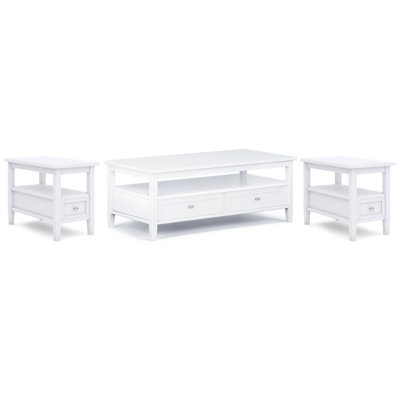 Warm Shaker Solid Wood Transitional 48 Inch Wide Coffee Table With 2 14 Inch Wide End Tables In White (set Of 3)
