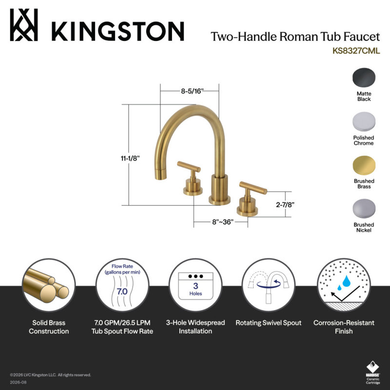 Kingston Brass Manhattan Two-Handle 3-Hole Deck Mount Roman Tub Faucet, Brushed Nickel