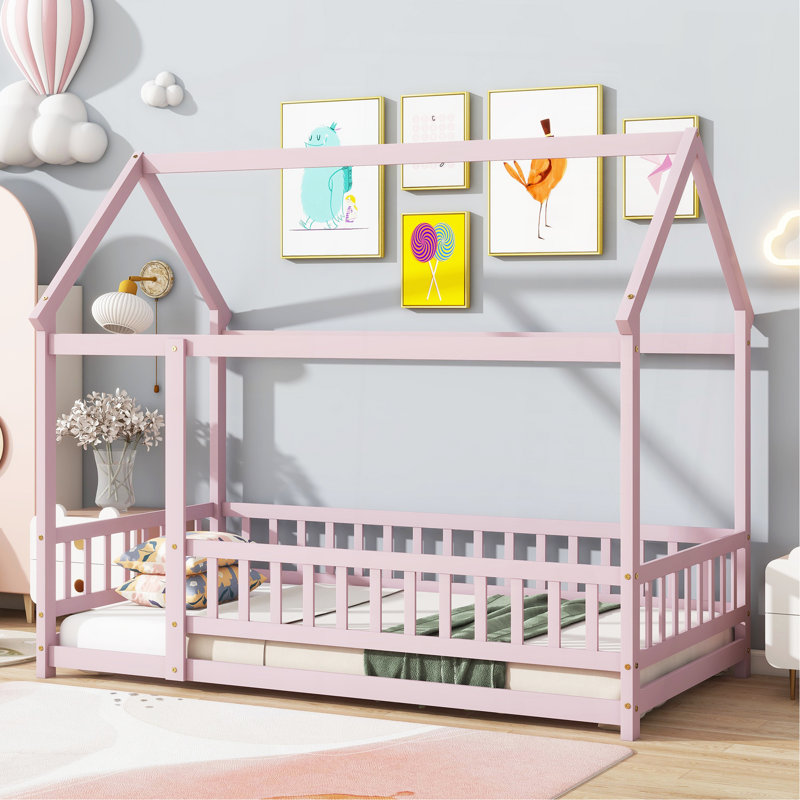 Twin Size House Floor Wooden Bed With Roof Frame,Safety Guardrails,Pink, Twin, Pink