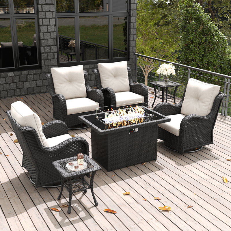 Ensemble de chaises berçantes pivotantes 7 pièces avec table d'appoint LayinSun, Beige, Noir, noir, noir, noir