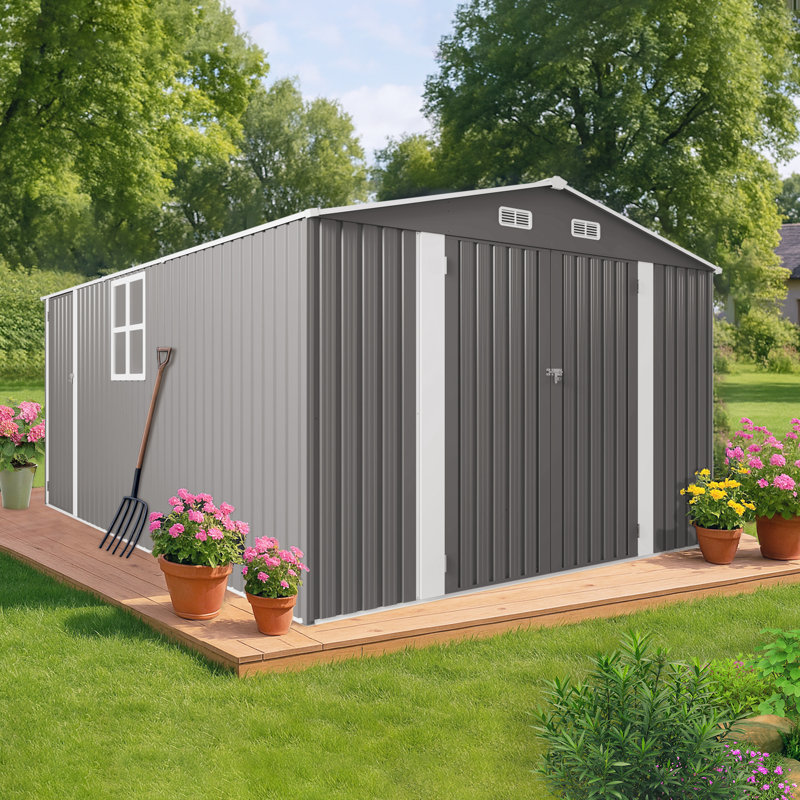 Remise de rangement extérieure en métal 10 x 14 pi, remise de jardin grise avec 3 portes verrouillables et fenêtre transparente, remise pour vélo toutes saisons, tondeuse à gazon, outils de jardinage