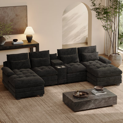 Oversized 130"W 4 Piece U-Shape Sectional With Console & Cup Holders