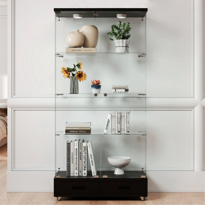 Vitrine moderne en verre avec 2 grands tiroirs, armoire d'appoint avec lumières DEL, armoire à 2 portes avec tablettes de rangement