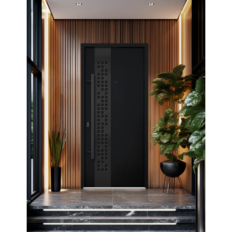Modern Black Metal Exterior Prehung Door with Sidelites