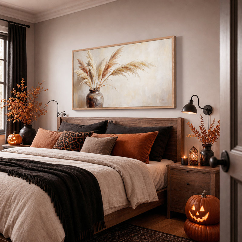 Herbe de la pampa beige dans un vase brun - Toile murale d'Halloween