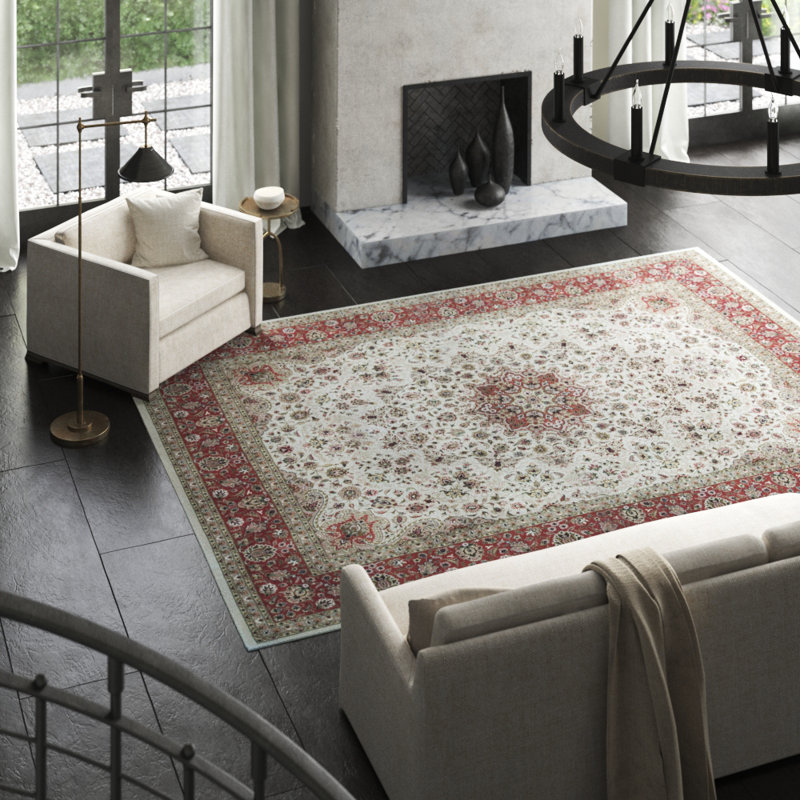 Wool Oriental Area Rug in Rust/Cream