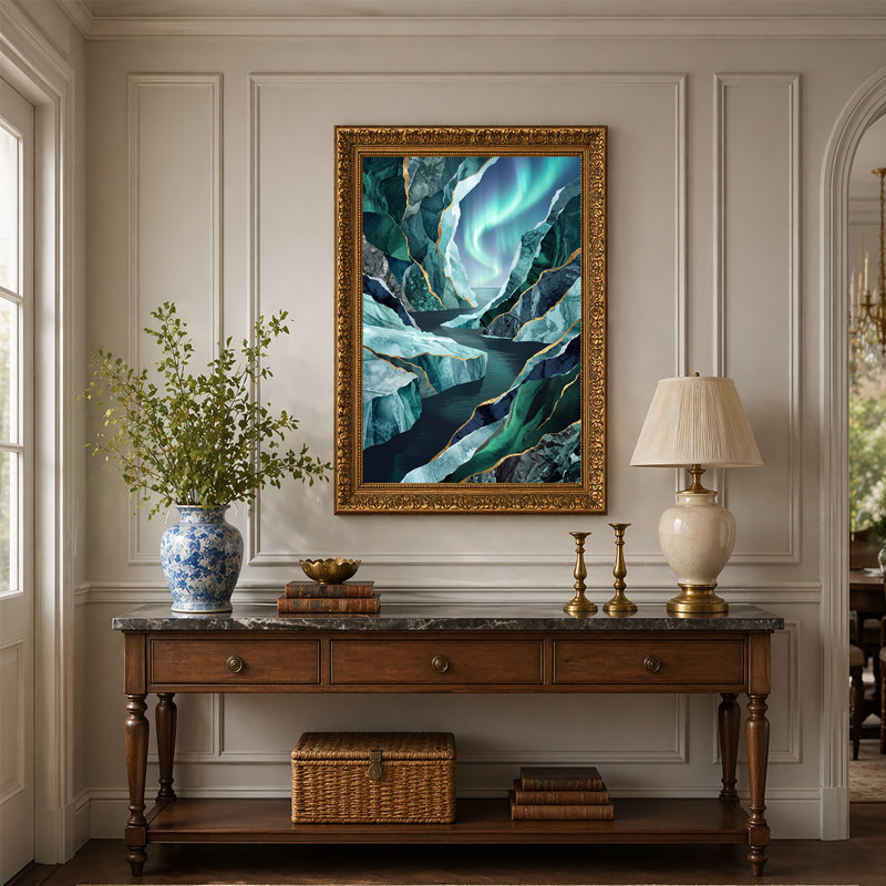 Art mural sur toile Northern Lights Over Teal, 24"H x 16"W