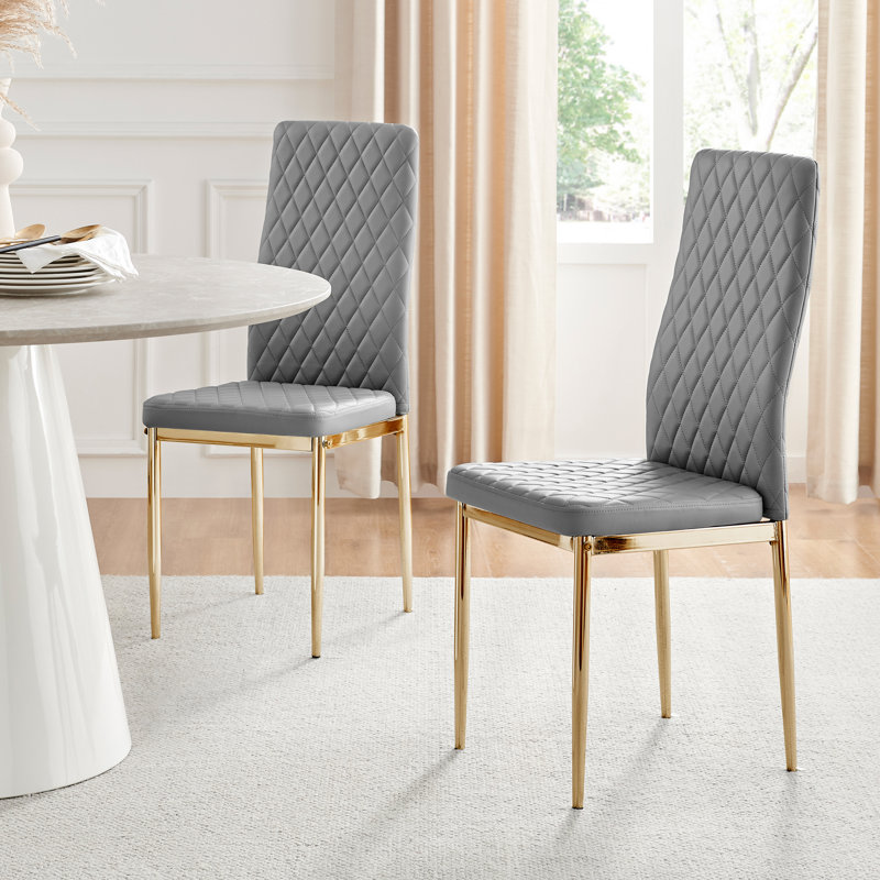 Morgan Hatched Faux Leather Sleek Metal Leg Luxury Dining Chairs, Lorenzo Milan Grey Faux Leather, Gold