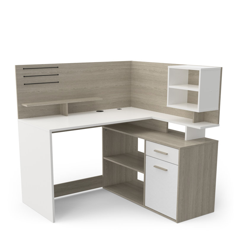 Senovio L-Shaped Writing Desk, White/Light Oak