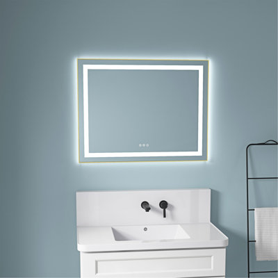 Miroir de salle de bain 36 po x 28 po à DEL avec façade et rétroéclairage, miroir de meuble-lavabo mural avec cadre en aluminium, antibuée, mémoire, 3 couleurs, gradation continue
