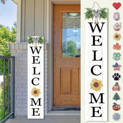 Panneau de bienvenue interchangeable pour porche d'entrée, sur pied, 119 x 20 cm, grand cadre en bois extérieur avec 12 icônes décoratives, panneau vertical incliné de grande taille (blanc).