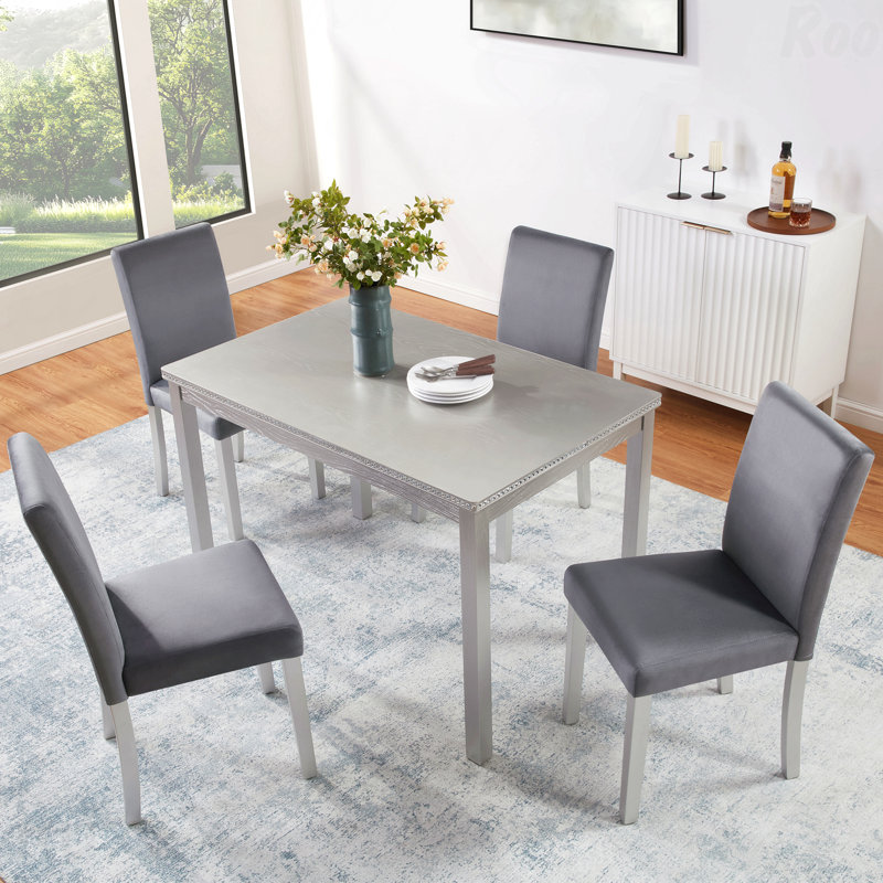 Ensemble de salle à manger 5 pièces en bois: table rectangulaire et 4 chaises rembourrées, décoration en cristal, Gris, Gris