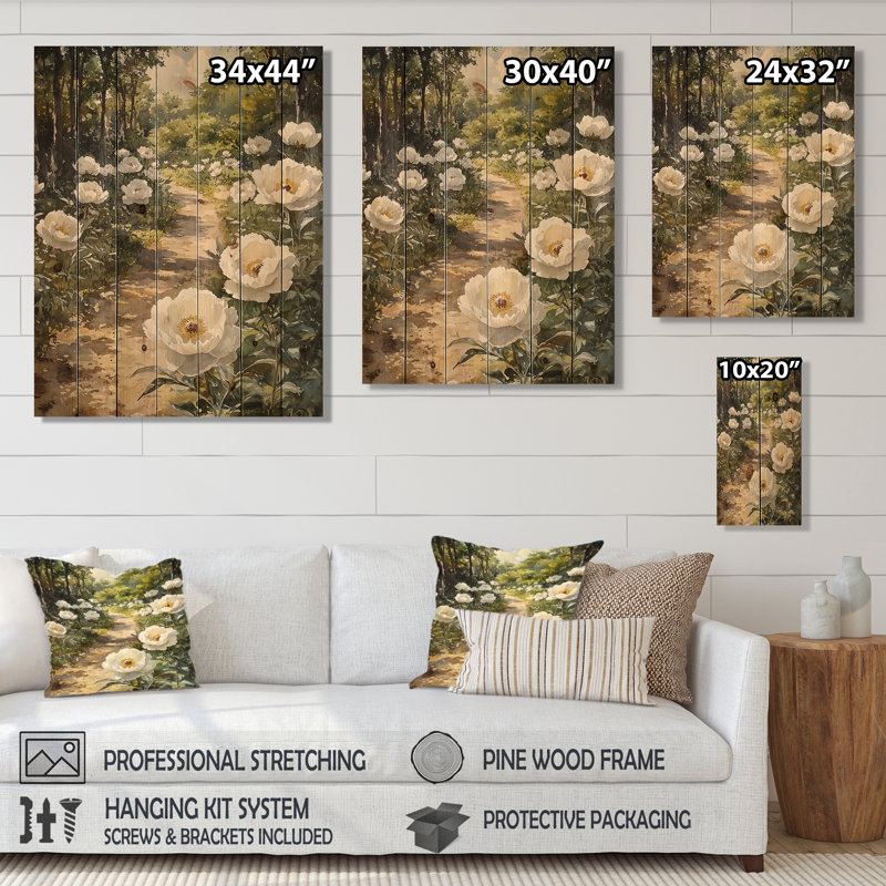 Pivoines sur le chemin de la ferme I - Art mural en bois pivoines - sur bois de pin naturel, H 40 po x l 30 po x P 0,78 po