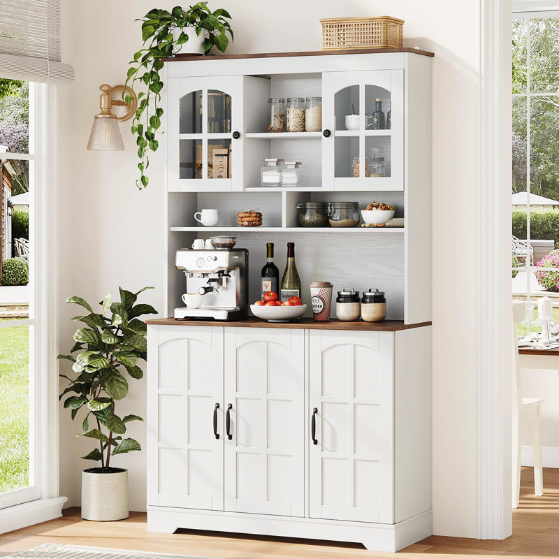 Armoire de garde-manger avec station de charge, grande armoire de rangement de garde-manger avec huche, armoire de cuisine de 70,9 pouces avec portes en verre, pour salle à manger et bureau à domicile blanc