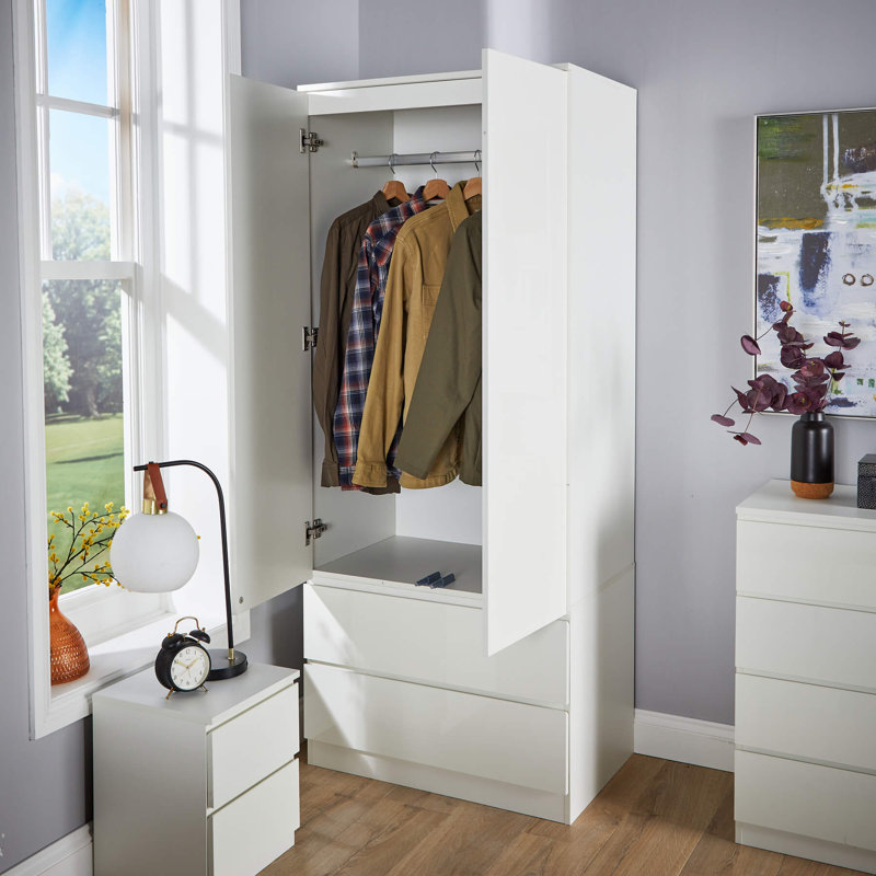Rishin 2 Door 2 Drawer High Gloss Wardrobe Storage Unit, White