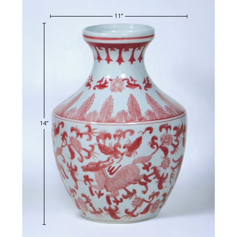 14" Porcelain Vase with Floral Design, Red/White