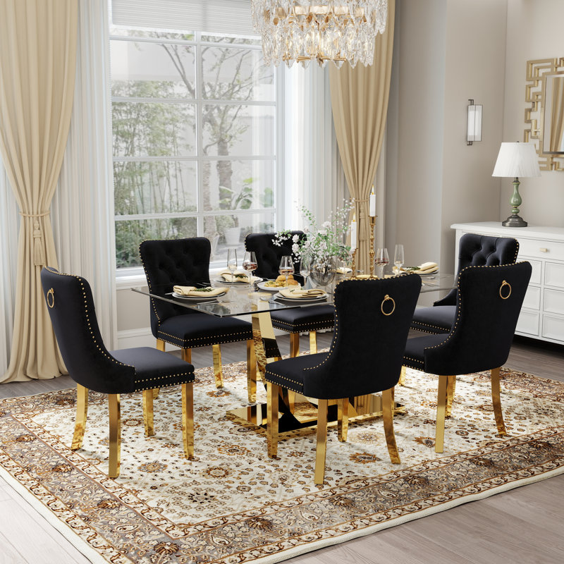 Ensemble de salle à manger rectangulaire 35,4 po Kazandra, H 30 po x L 63 po x l 35,4 po, Noir, Or