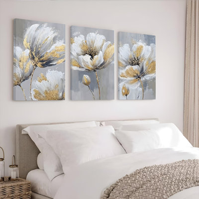 Tableau mural sur toile à motifs floraux à pétales dorés (paquet de 3)