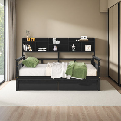 Full Size Daybed with Bedside Shelf and Two Drawers