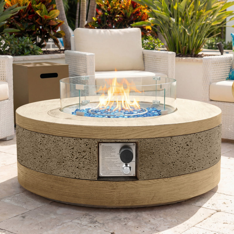 38-inch Round Concrete Propane Fire Pit Table with Tank Cover and Wind Guard,Concrete & Wood Textured Design, Yellow