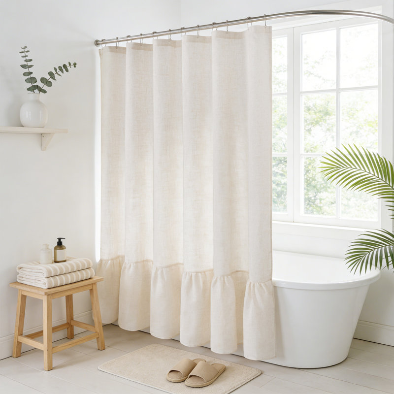 Rideau de douche en mélange de lin avec ourlet à volants, H 72 po x l 72 po, Lin lin
