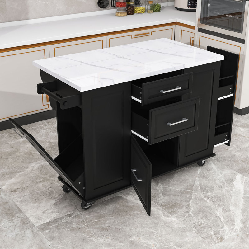 Chariot roulant pour îlot de cuisine avec poubelle inclinable, abattant, armoire coulissante et 2 tiroirs, Noir