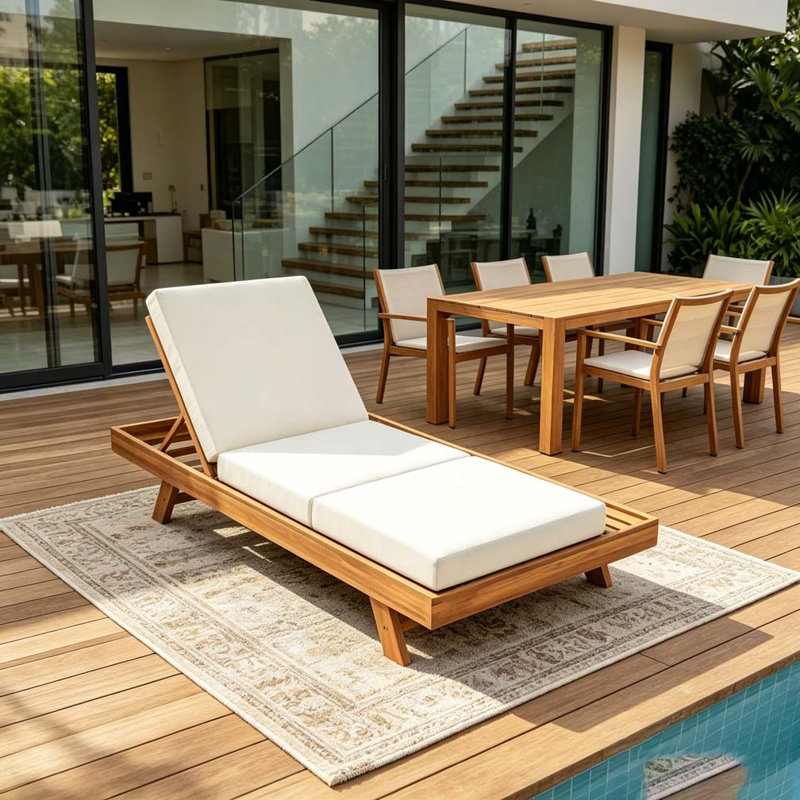 Foldable Acacia Wood Lounge Chaise With Adjustable Backrest, CREAM & TRIPLE FOLD& 4 INCH THICK