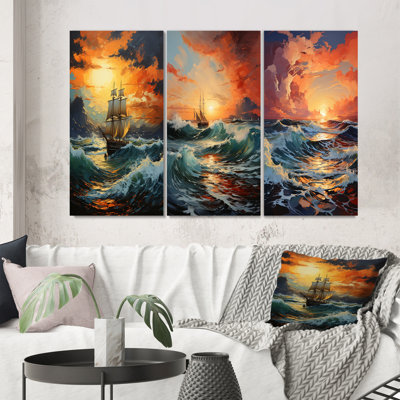 «Orange Teal Boat Energetic Storm», 3 pièces sur toile