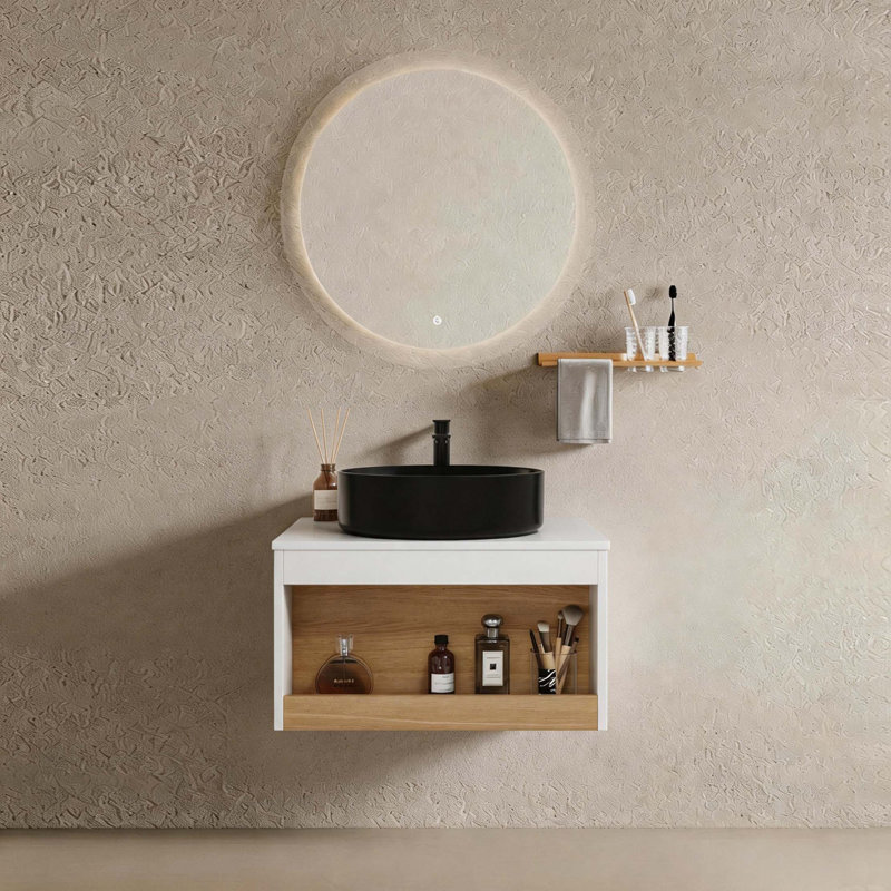 Meuble-lavabo flottant peu encombrant avec lavabo vasque noir mat et rangement ouvert