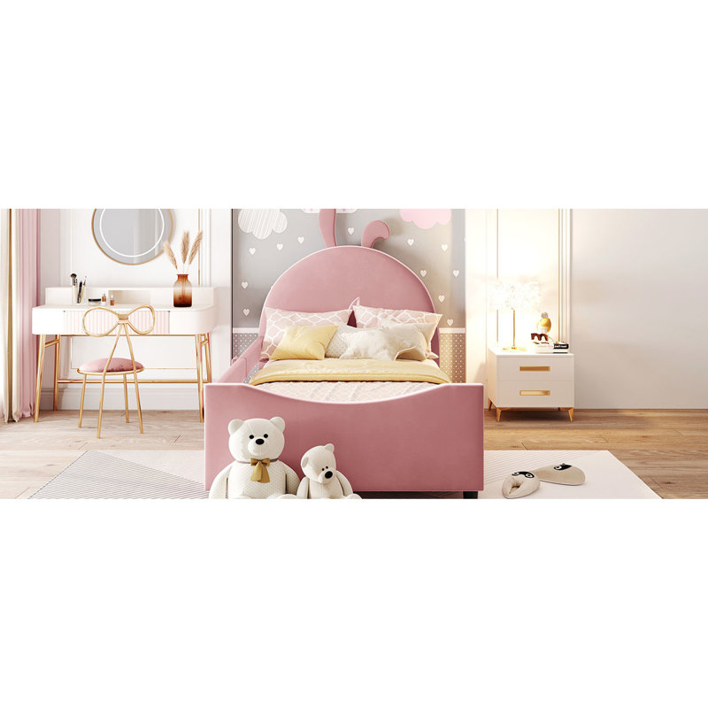 Lit de jour simple rembourré rose avec tête de lit adorable oreille de lapin - Structure stable