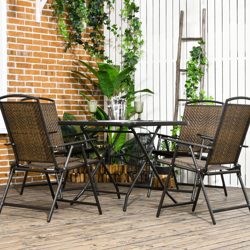 Table de salle à manger et chaises brun foncé, pliable et pliable compatible avec parasol, 5 trous, table en verre trempé