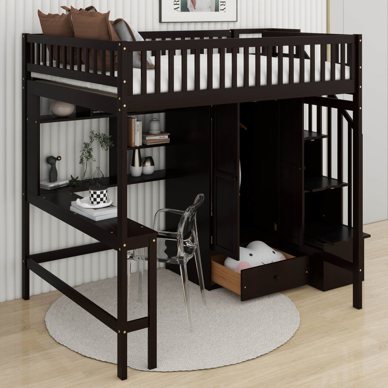 Jamesy Kids Full Loft Bed with Drawers, Espresso